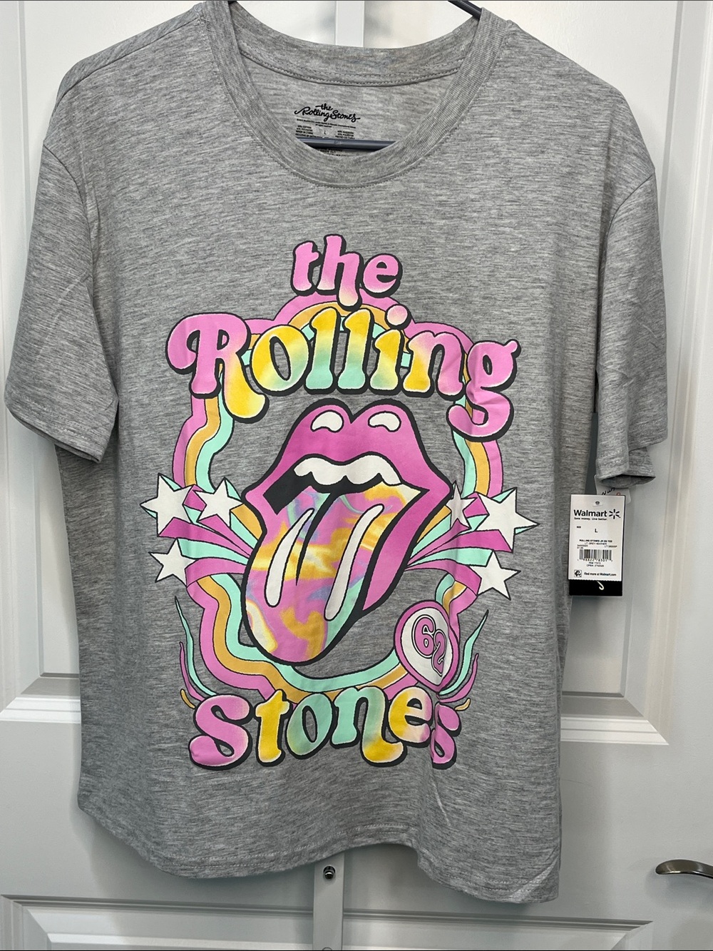 The Rolling Stones Grey Tee with Pink, Yellow & Mint Graphic Women’s Large